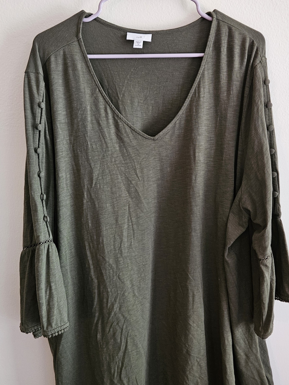 J. Jill Olive Green V-Neck Top/ Tunic, Boho. Casual, Work Wear, Fall, Preppy.